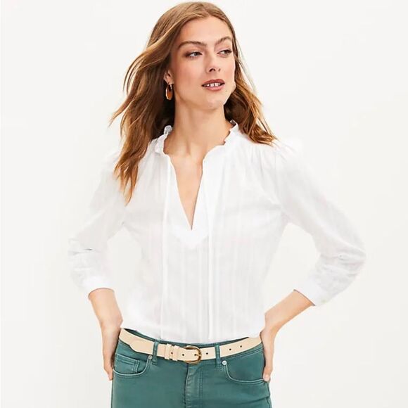 NWT Loft Ruffle Split Tie Neck White Cotton Striped Bohemian Peasant Blouse Sz L - Picture 1 of 9